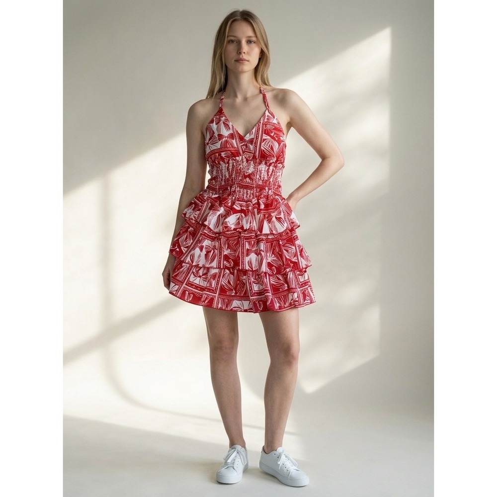 Fusionista Red White Bow Print Halter Mini Dress‎ Tiered Ruffle Smocked dress